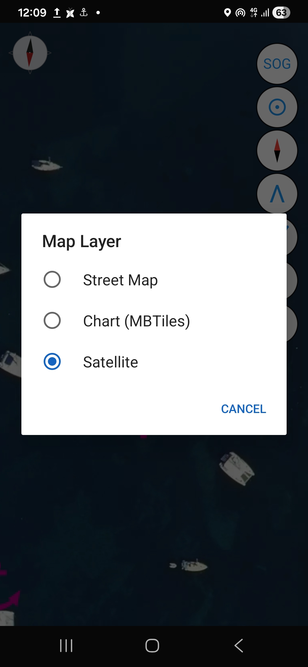 Map layer picker in Sleepy Sailor showing street map, chart, and satellite options